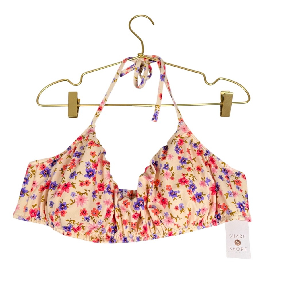 Shade & Shore Women XL Floral Halter Bikini Top Multi Color Ruched